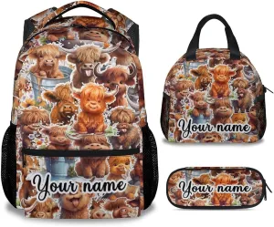 Personalized Highland Cow Backpack with Lunch Box, Set of 3 School Backpacks Matching Combo, Cute Brown Bookbag and Pencil Case Bundle