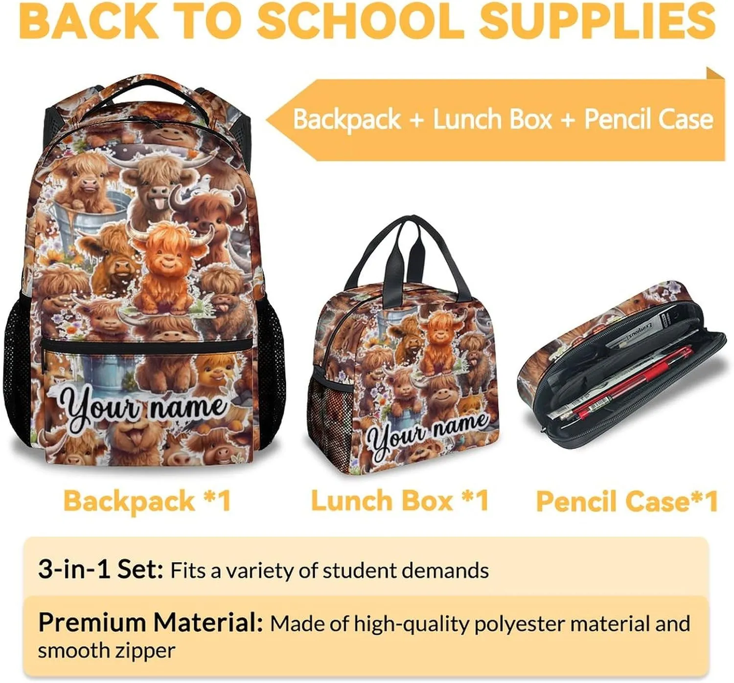 Personalized Highland Cow Backpack with Lunch Box, Set of 3 School Backpacks Matching Combo, Cute Brown Bookbag and Pencil Case Bundle