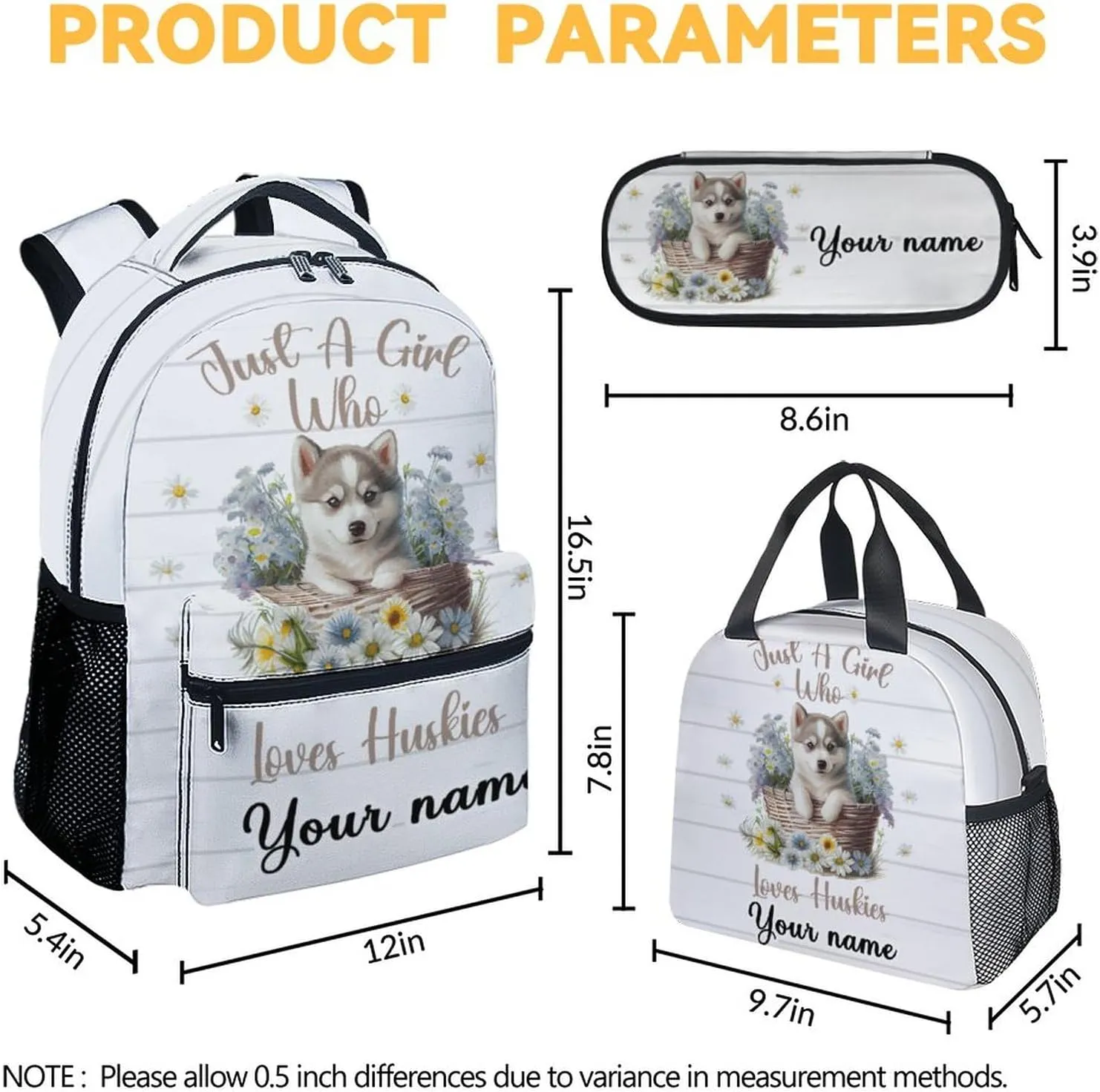 Personalized Husky Backpack with Lunch Box, Set of 3 School Backpacks Matching Combo, Cute White Dog Bookbag and Pencil Case Bundle