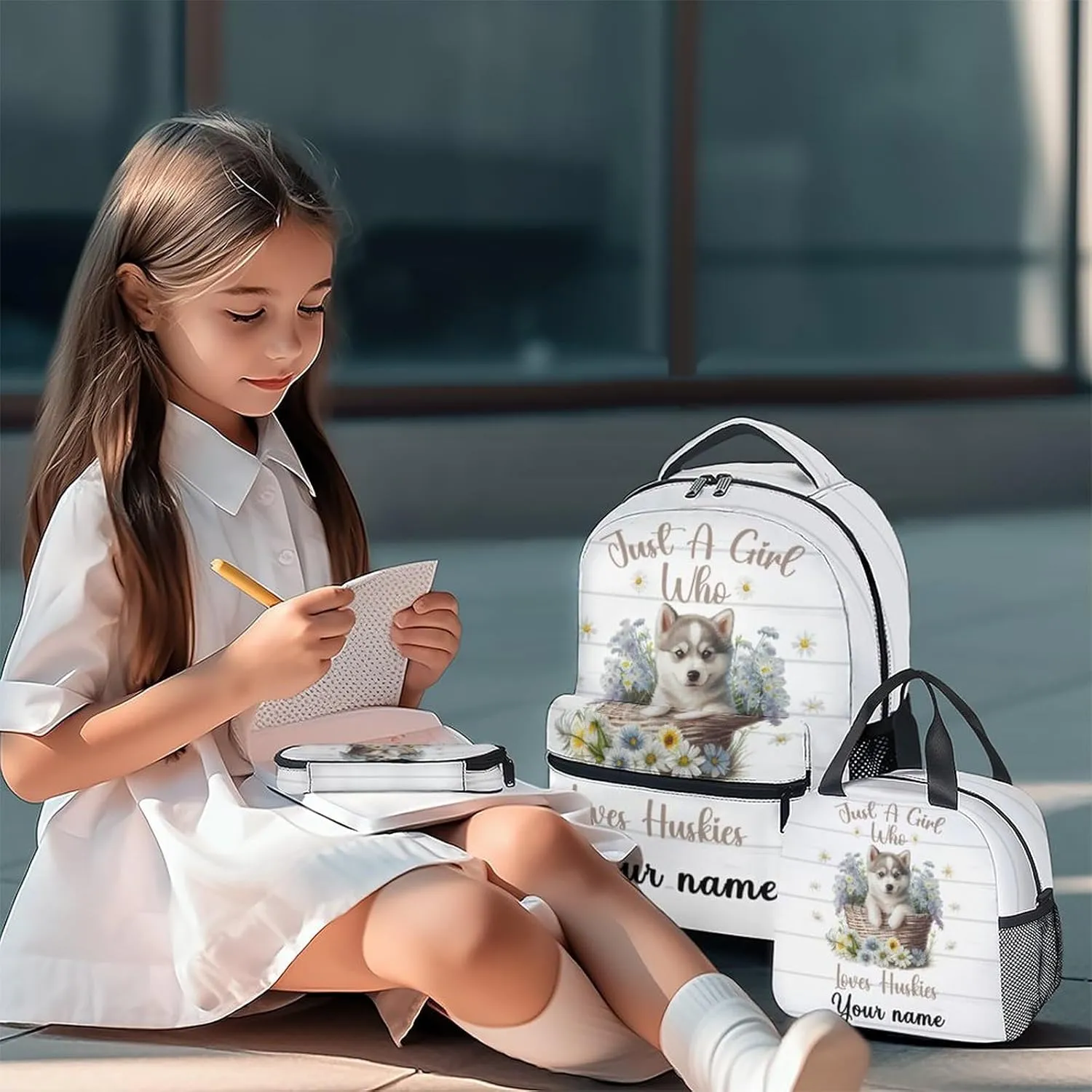 Personalized Husky Backpack with Lunch Box, Set of 3 School Backpacks Matching Combo, Cute White Dog Bookbag and Pencil Case Bundle