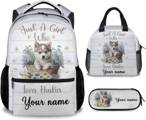 Personalized Husky Backpack with Lunch Box, Set of 3 School Backpacks Matching Combo, Cute White Dog Bookbag and Pencil Case Bundle