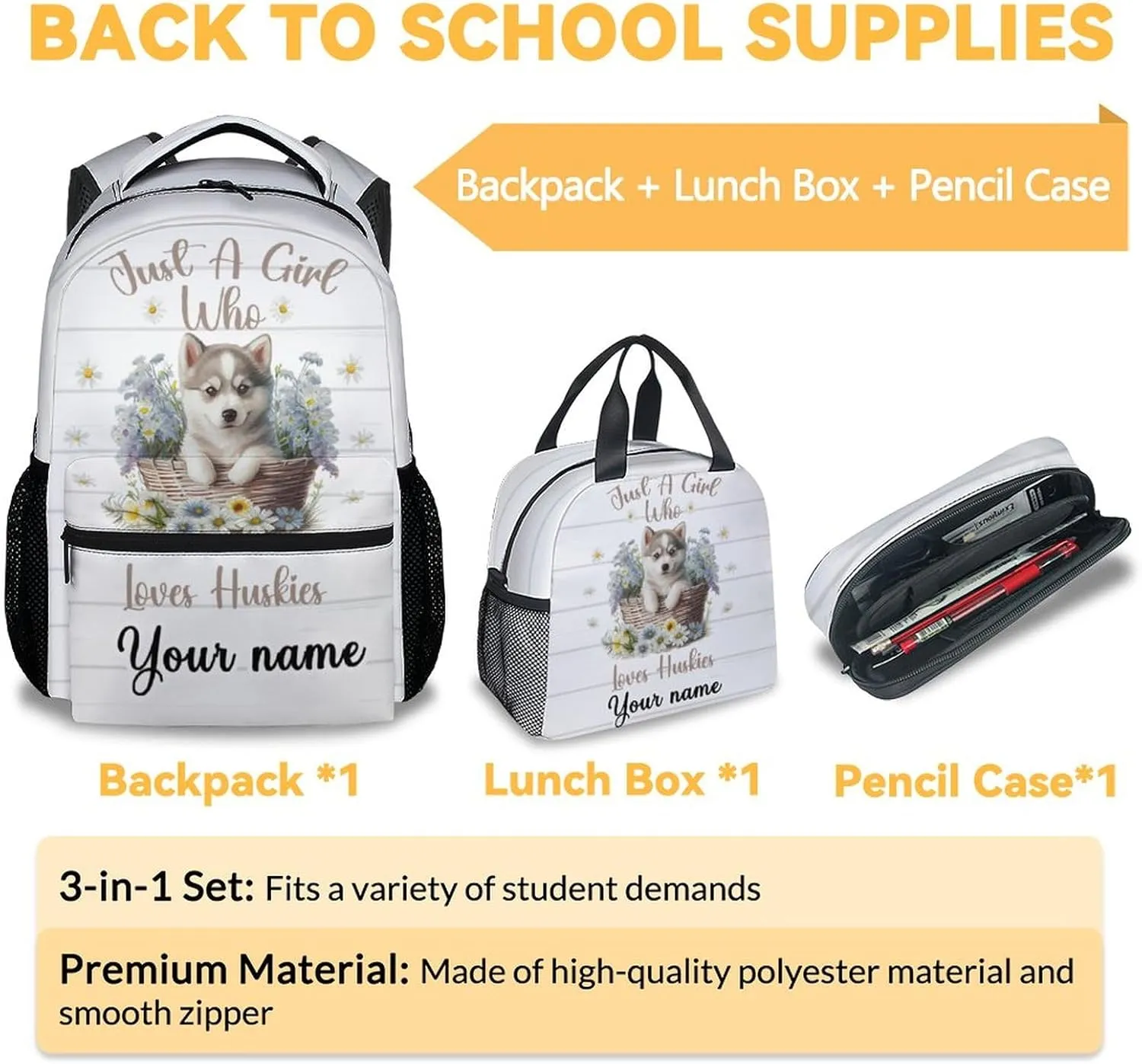 Personalized Husky Backpack with Lunch Box, Set of 3 School Backpacks Matching Combo, Cute White Dog Bookbag and Pencil Case Bundle