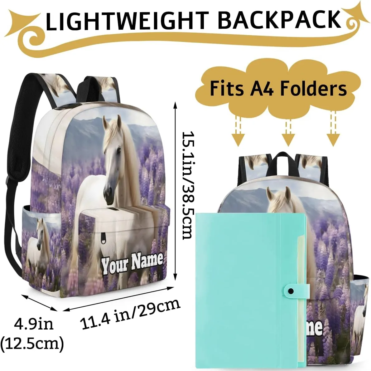 Personalized Lavender Preschool Toddler Backpack for Boys Girls Custom Kids Name Small Bookbags Kindergarten Elementary Backpack, White Horse