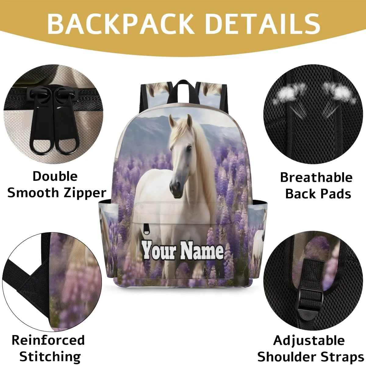 Personalized Lavender Preschool Toddler Backpack for Boys Girls Custom Kids Name Small Bookbags Kindergarten Elementary Backpack, White Horse