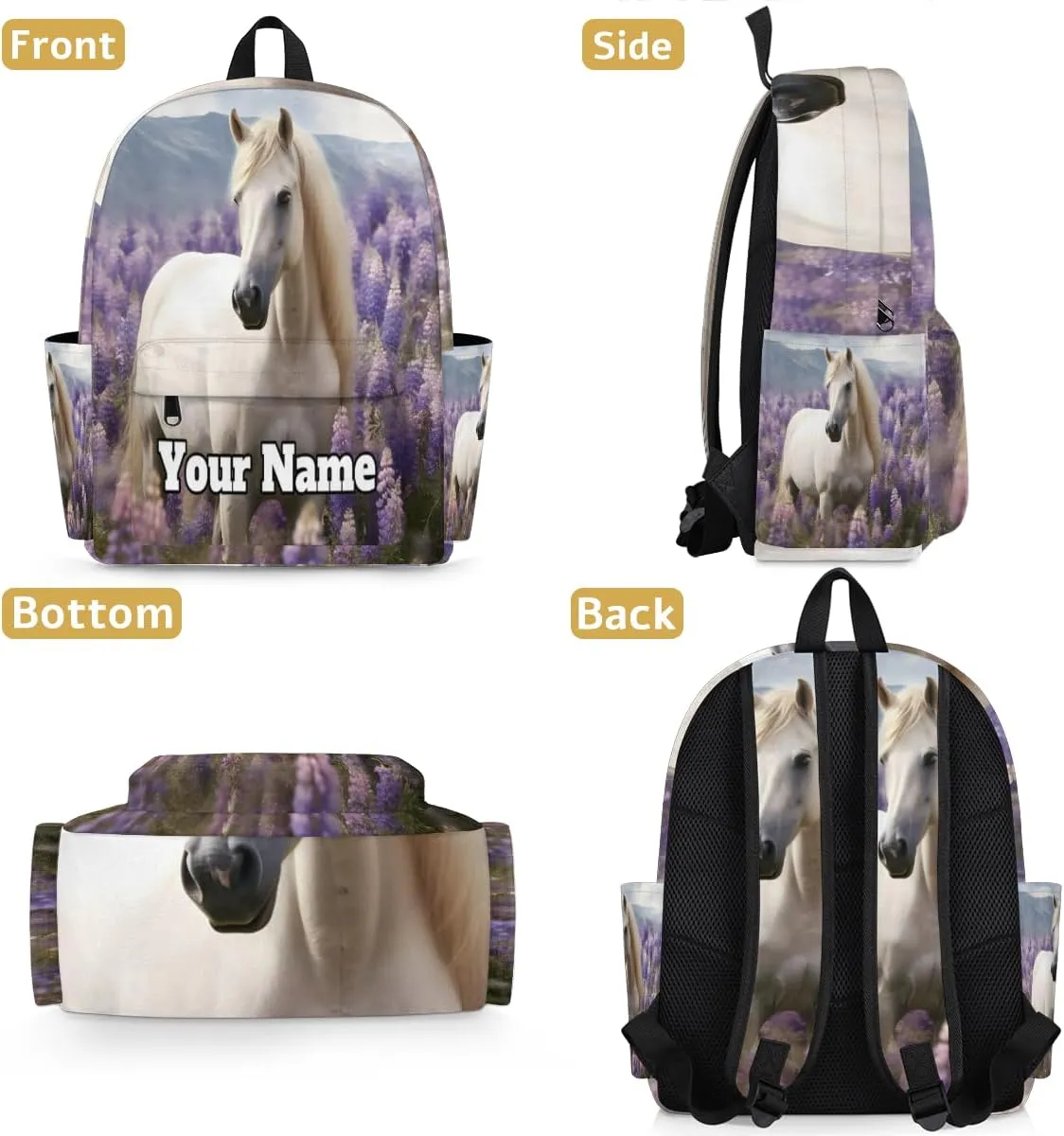 Personalized Lavender Preschool Toddler Backpack for Boys Girls Custom Kids Name Small Bookbags Kindergarten Elementary Backpack, White Horse