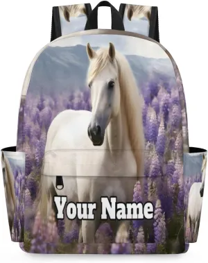 Personalized Lavender Preschool Toddler Backpack for Boys Girls Custom Kids Name Small Bookbags Kindergarten Elementary Backpack, White Horse