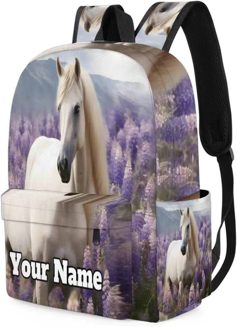 Personalized Lavender Preschool Toddler Backpack for Boys Girls Custom Kids Name Small Bookbags Kindergarten Elementary Backpack, White Horse
