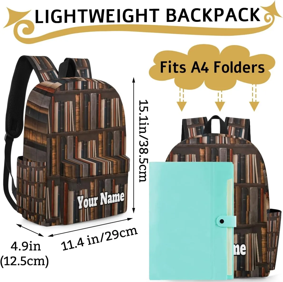 Personalized Library Bookshelf Preschool Toddler Backpack for Boys Girls Custom Kids Name Small Bookbags Kindergarten Elementary Backpack, Old Books