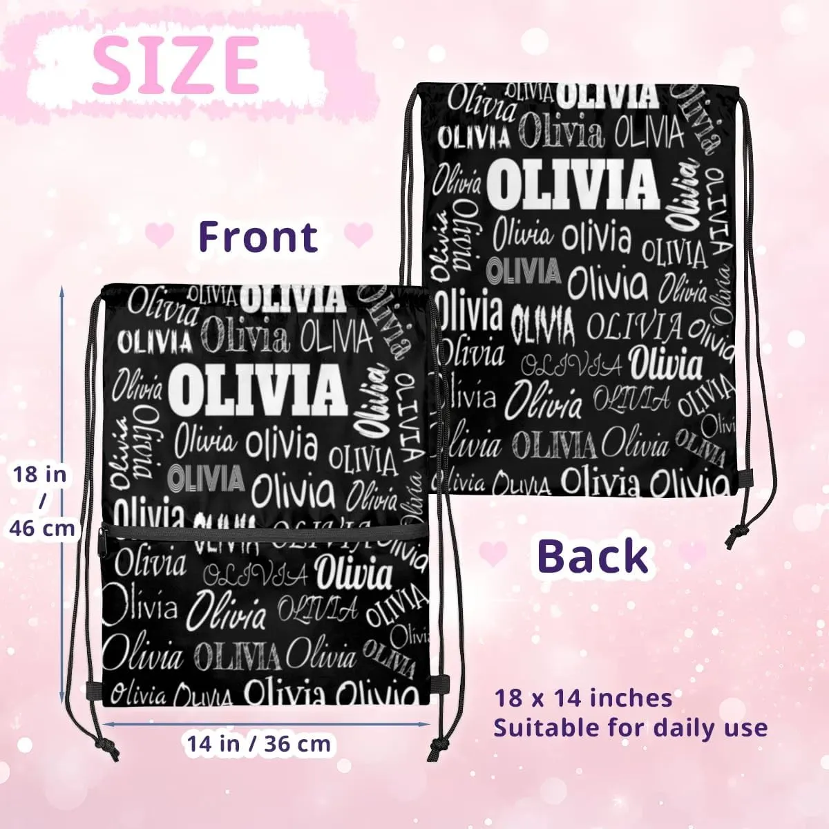 Personalized Name Sports Ball Drawstring Bags, Gymnastics Dance Sports Stuff Backpacks, Solid Black