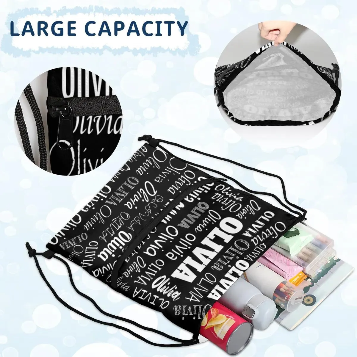 Personalized Name Sports Ball Drawstring Bags, Gymnastics Dance Sports Stuff Backpacks, Solid Black