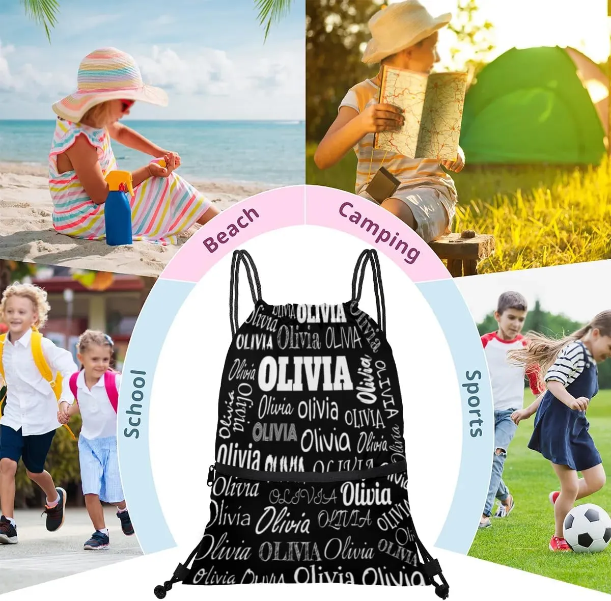 Personalized Name Sports Ball Drawstring Bags, Gymnastics Dance Sports Stuff Backpacks, Solid Black
