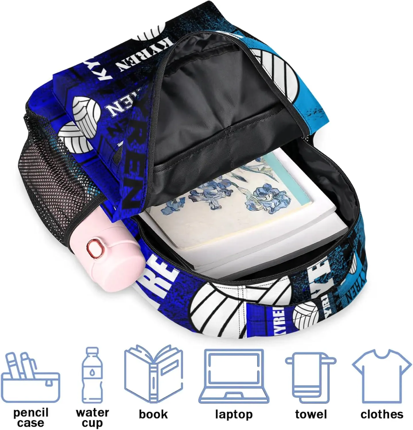 Personalized Name Volleyball Backpack, Custom Sports Bag Backpack for Men Women, Laptop Backpacks Travel Camping Daypack, Blue