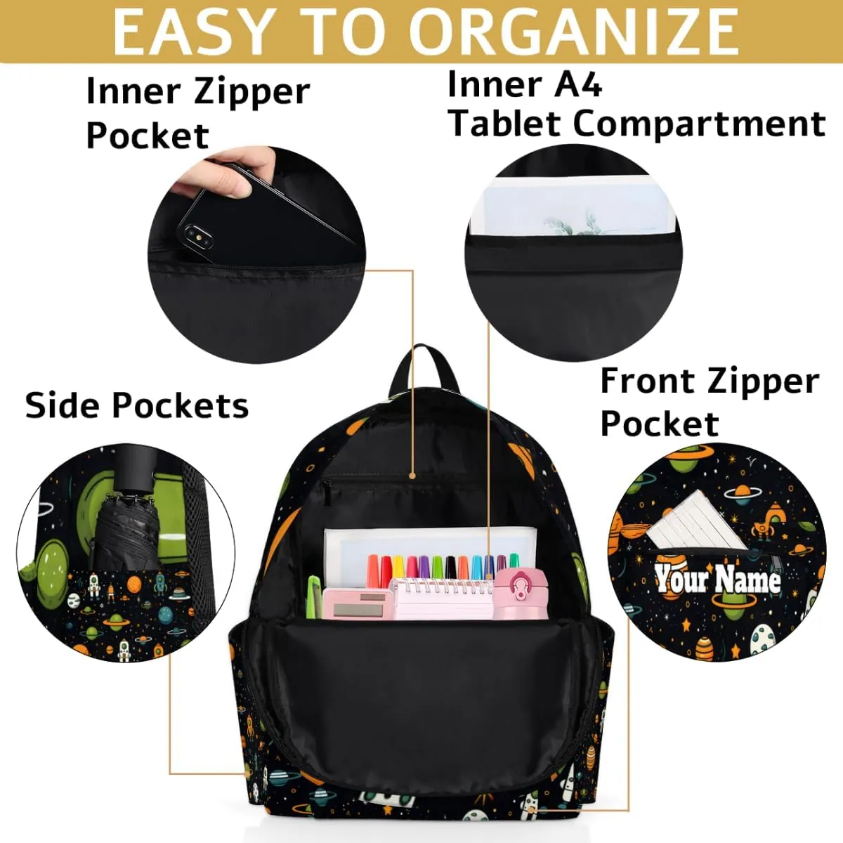 Personalized Outer Space Preschool Toddler Backpack for Boys Girls Custom Kids Name Small Bookbags Kindergarten Elementary Backpack, Space Rocket