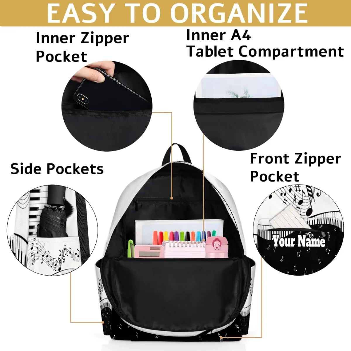Personalized Piano Keyboard Preschool Toddler Backpack for Boys Girls Custom Kids Name Small Bookbags Kindergarten Elementary Backpack, Music Note