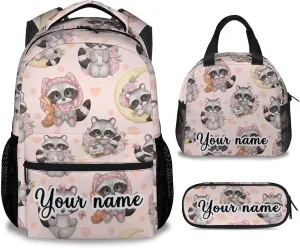 Personalized Raccoon Backpack with Lunch Box, Set of 3 School Backpacks Matching Combo, Cute Bookbag and Pencil Case Bundle