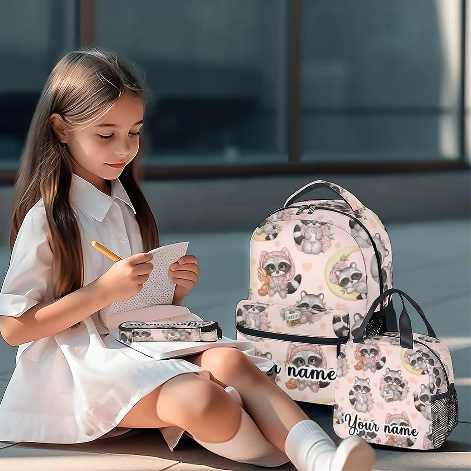Personalized Raccoon Backpack with Lunch Box, Set of 3 School Backpacks Matching Combo, Cute Bookbag and Pencil Case Bundle