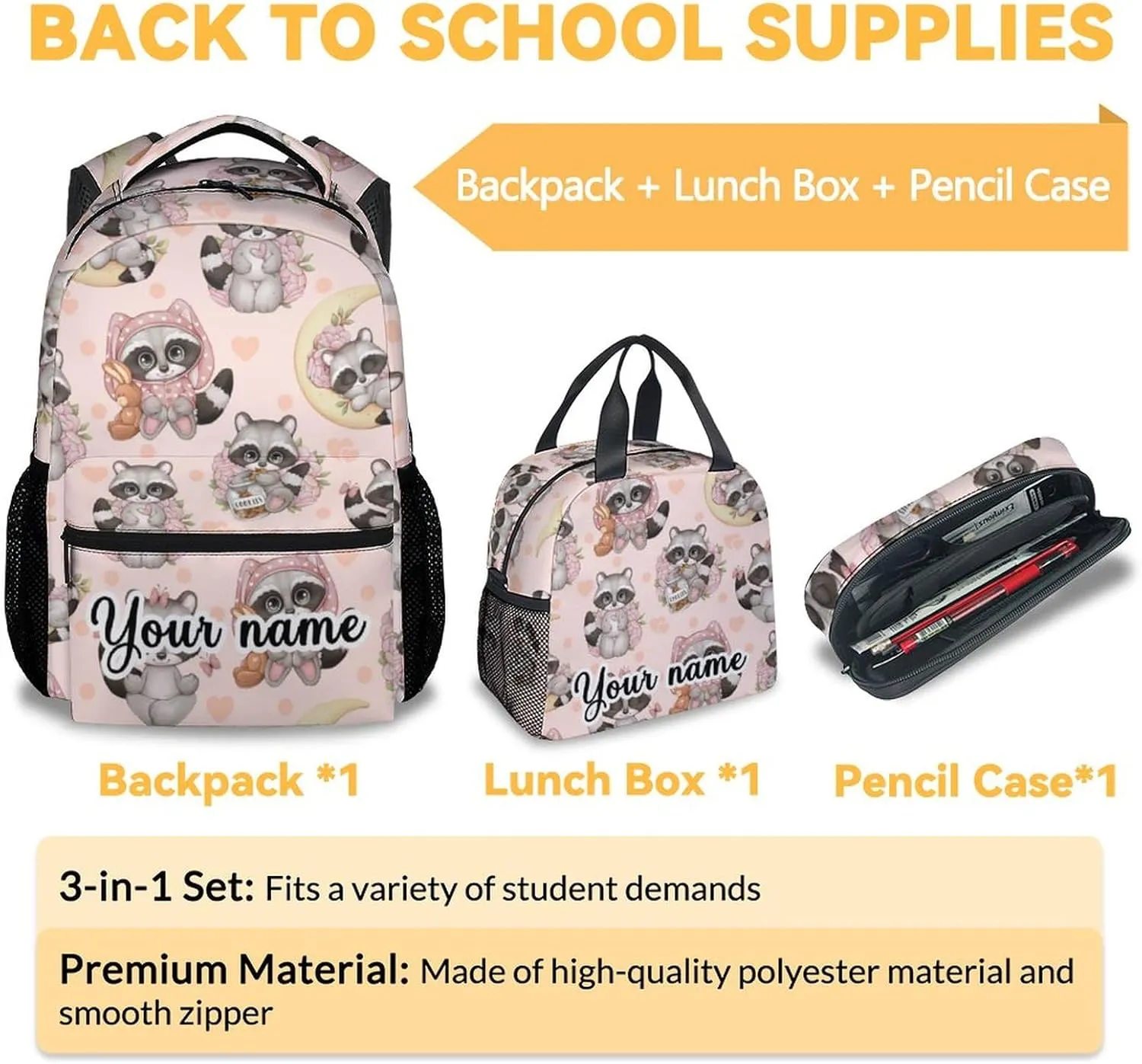 Personalized Raccoon Backpack with Lunch Box, Set of 3 School Backpacks Matching Combo, Cute Bookbag and Pencil Case Bundle