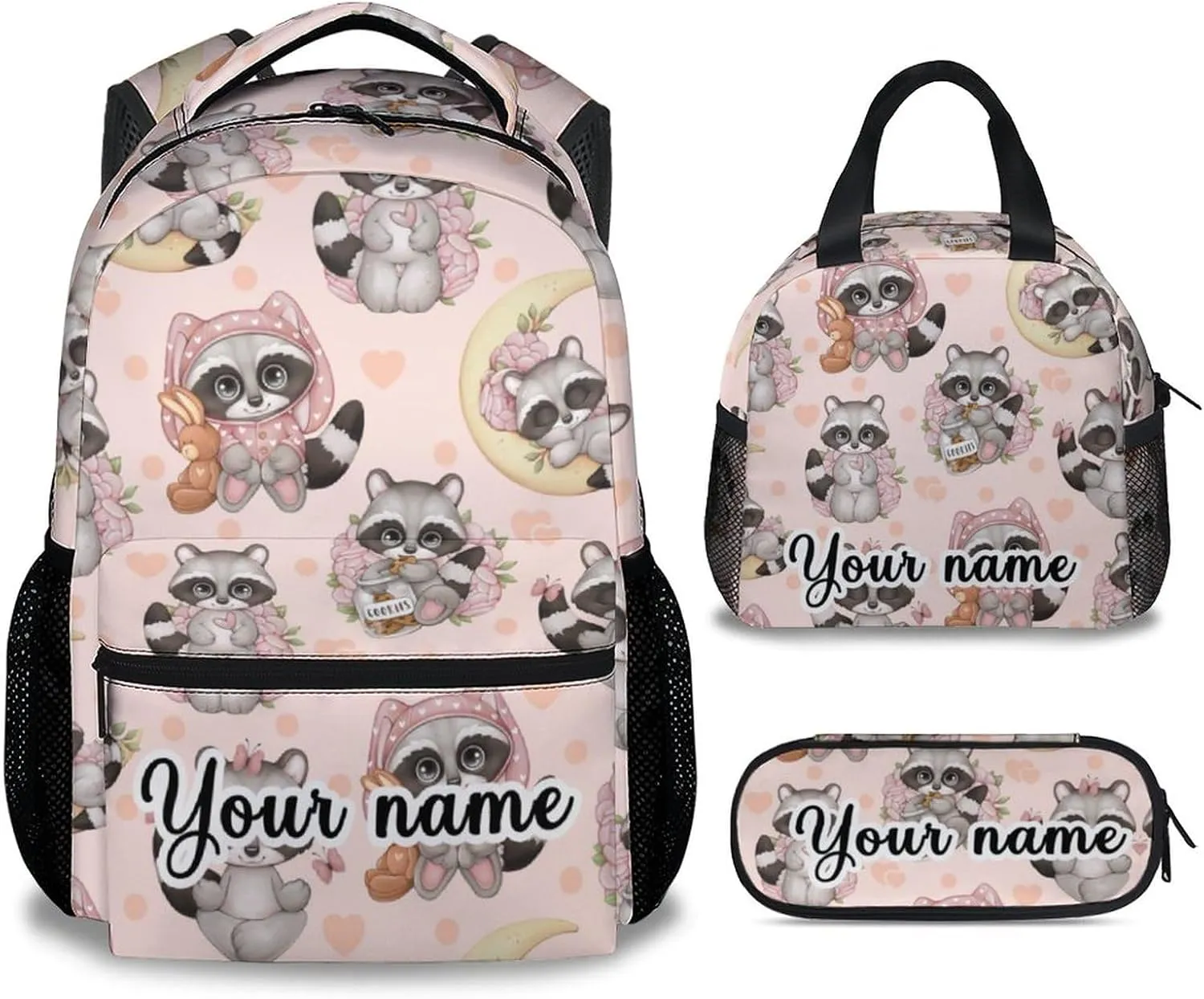 Personalized Raccoon Backpack with Lunch Box, Set of 3 School Backpacks Matching Combo, Cute Bookbag and Pencil Case Bundle