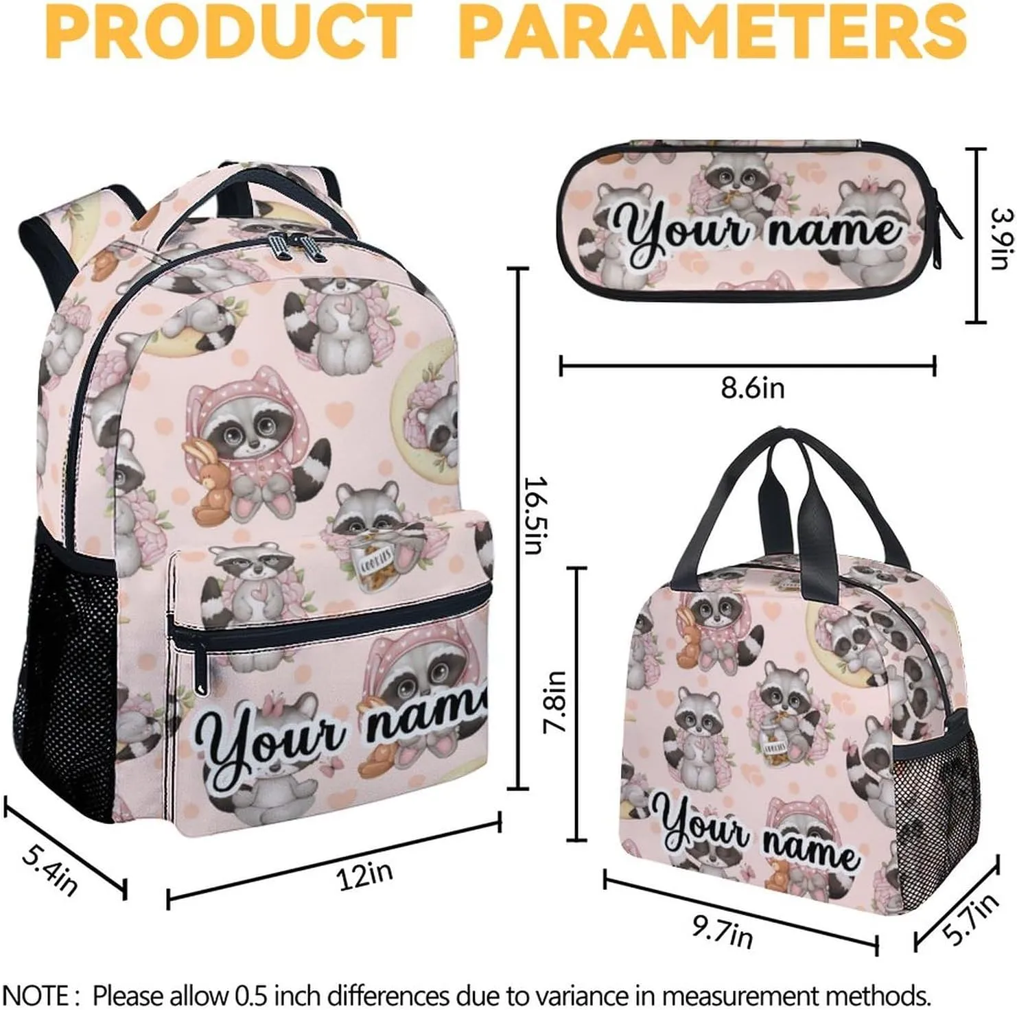 Personalized Raccoon Backpack with Lunch Box, Set of 3 School Backpacks Matching Combo, Cute Bookbag and Pencil Case Bundle