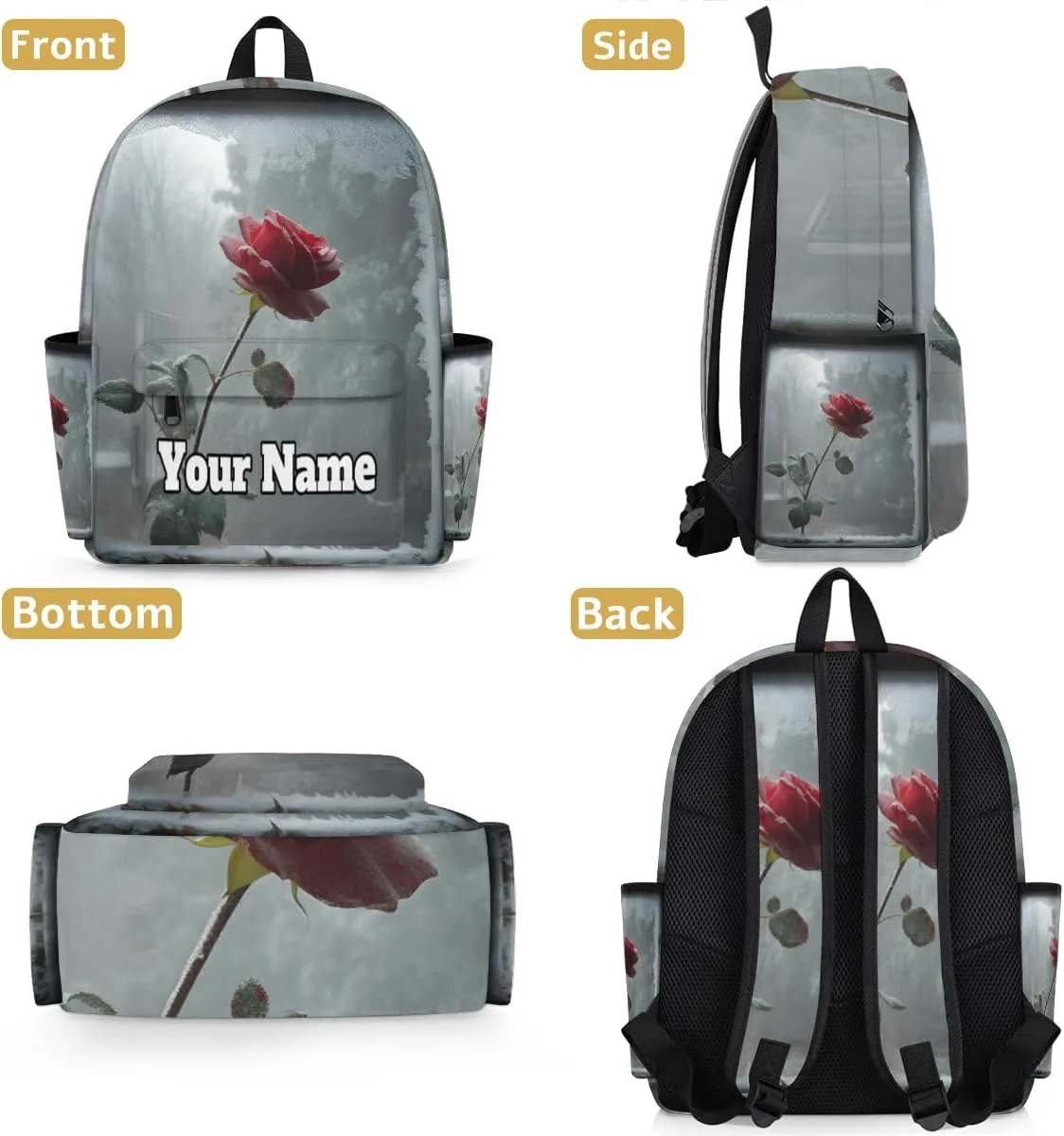 Personalized Rose Flowers Preschool Toddler Backpack for Boys Girls Custom Kids Name Small Bookbags Kindergarten Elementary Backpack, Winter Rose
