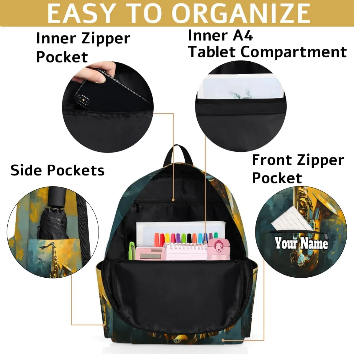 Personalized Saxophone Preschool Toddler Backpack for Boys Girls Custom Kids Name Small Bookbags Kindergarten Elementary Backpack, Jazz Music