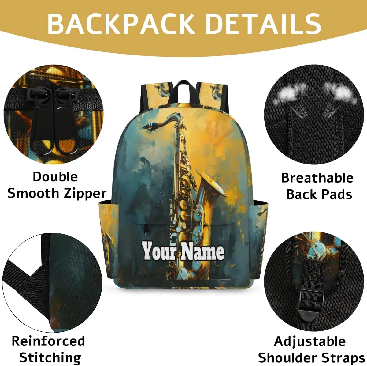 Personalized Saxophone Preschool Toddler Backpack for Boys Girls Custom Kids Name Small Bookbags Kindergarten Elementary Backpack, Jazz Music