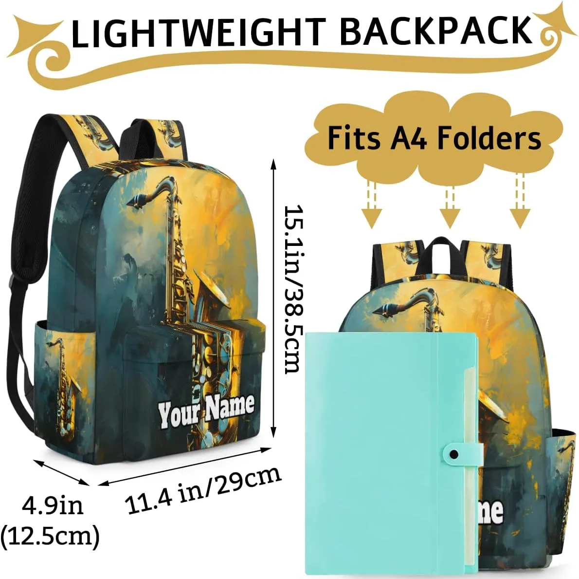 Personalized Saxophone Preschool Toddler Backpack for Boys Girls Custom Kids Name Small Bookbags Kindergarten Elementary Backpack, Jazz Music