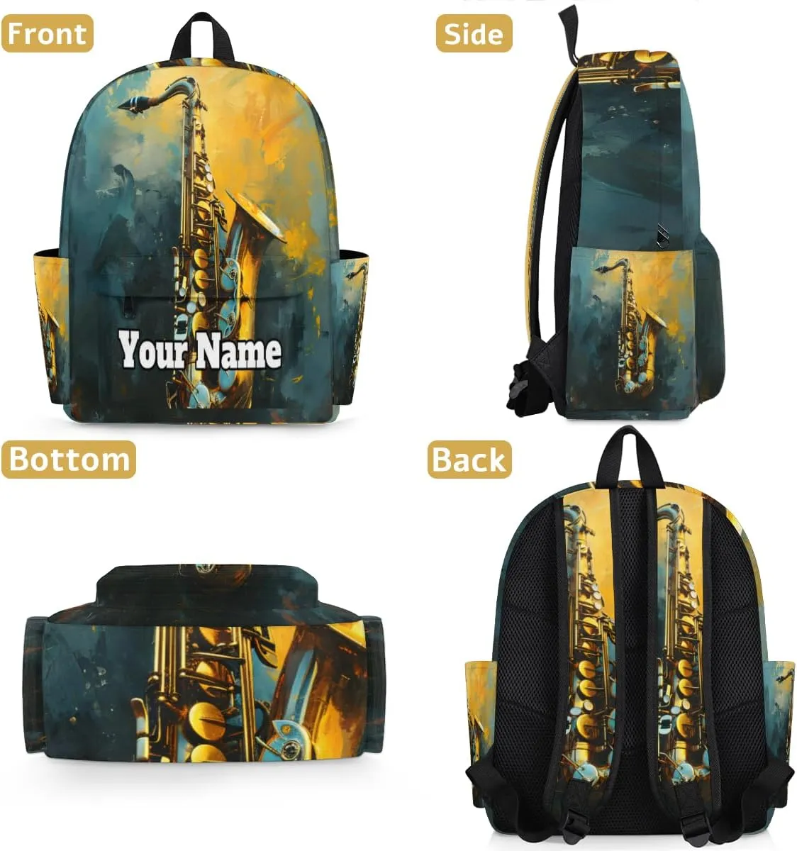 Personalized Saxophone Preschool Toddler Backpack for Boys Girls Custom Kids Name Small Bookbags Kindergarten Elementary Backpack, Jazz Music