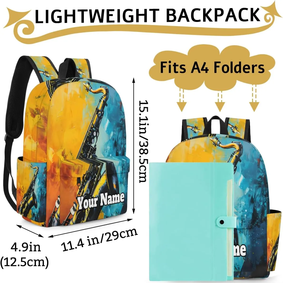 Personalized Saxophone Preschool Toddler Backpack for Boys Girls Custom Kids Name Small Bookbags Kindergarten Elementary Backpack, Musical