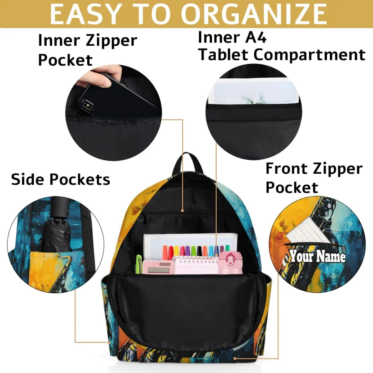 Personalized Saxophone Preschool Toddler Backpack for Boys Girls Custom Kids Name Small Bookbags Kindergarten Elementary Backpack, Musical