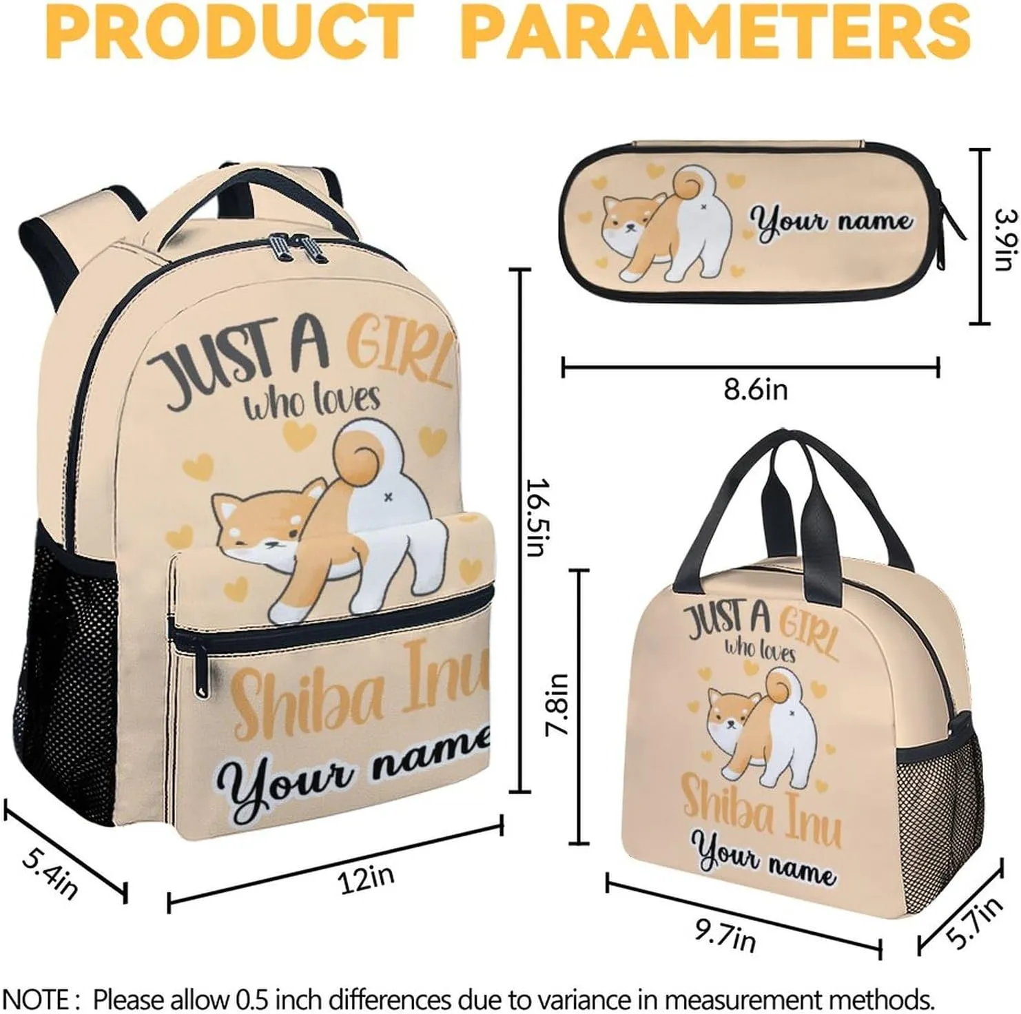 Personalized Shiba Inu Backpack with Lunch Box, Set of 3 Dog School Backpacks Matching Combo, Cute Orange Bookbag and Pencil Case Bundle