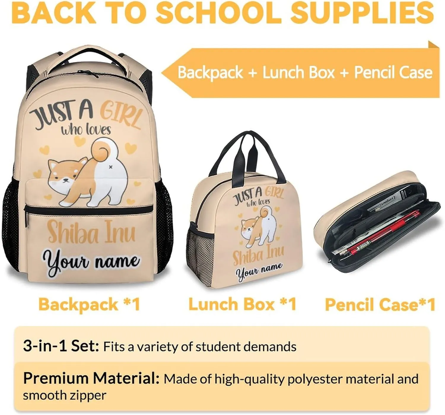 Personalized Shiba Inu Backpack with Lunch Box, Set of 3 Dog School Backpacks Matching Combo, Cute Orange Bookbag and Pencil Case Bundle