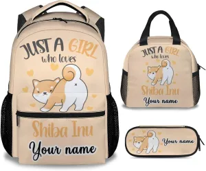 Personalized Shiba Inu Backpack with Lunch Box, Set of 3 Dog School Backpacks Matching Combo, Cute Orange Bookbag and Pencil Case Bundle