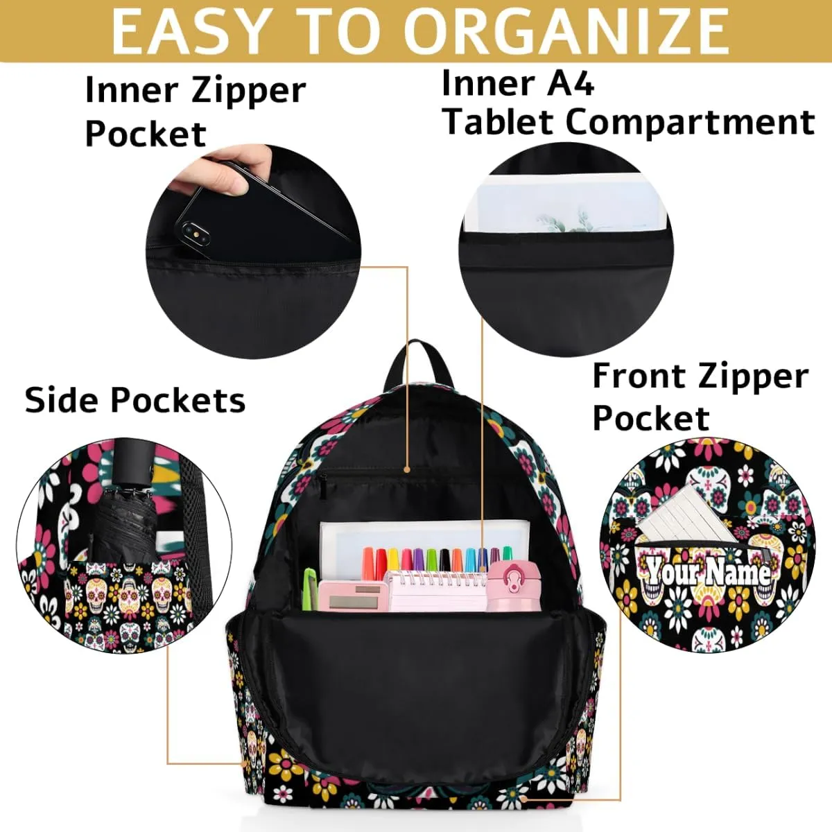 Personalized Skull Skeleton Preschool Toddler Backpack for Boys Girls Custom Kids Name Small Bookbags Kindergarten Elementary Backpack, Goth Skull