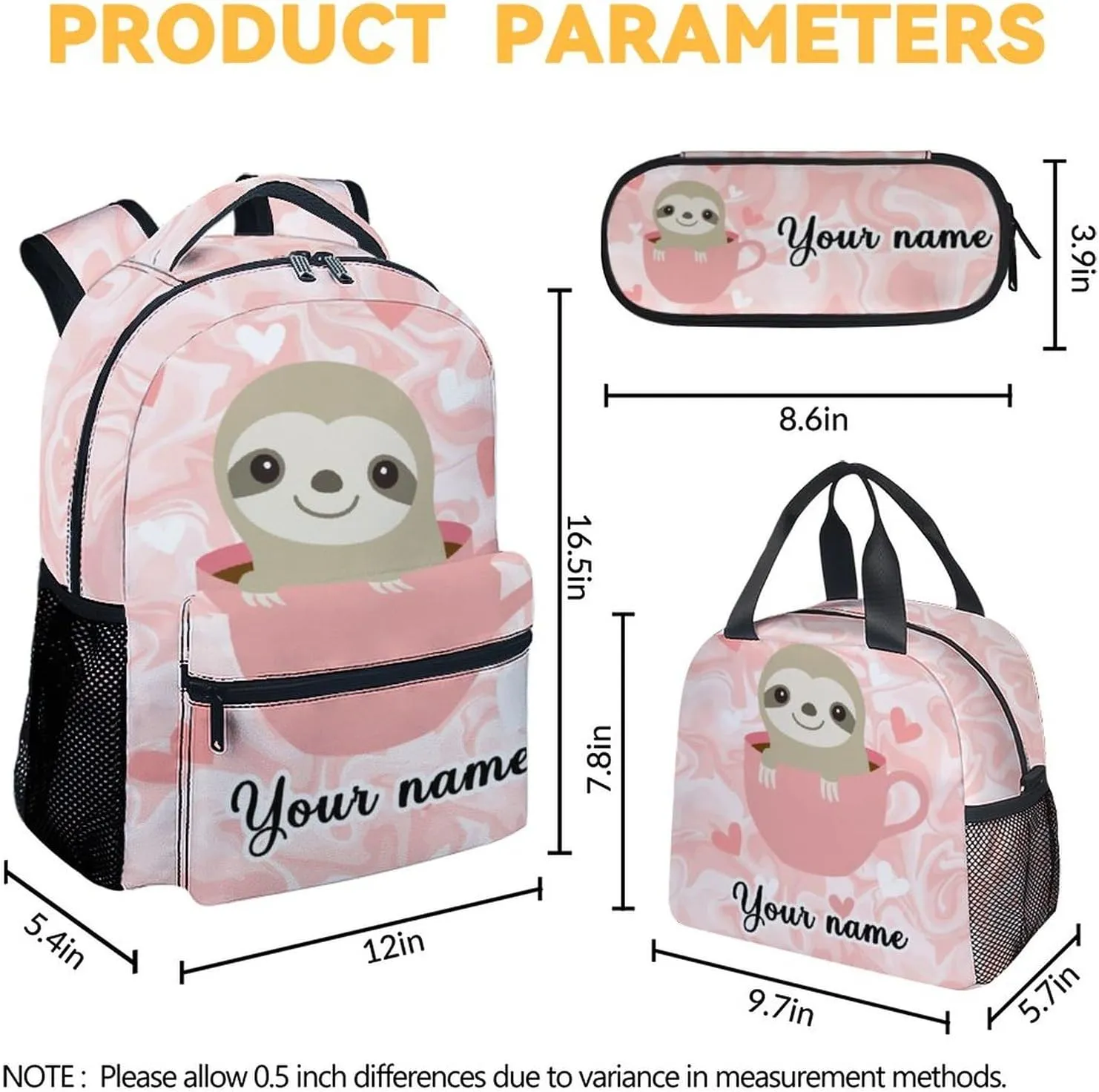 Personalized Sloth Backpack with Lunch Box, Set of 3 School Backpacks Matching Combo, Cute Pink Bookbag And Pencil Case Bundle