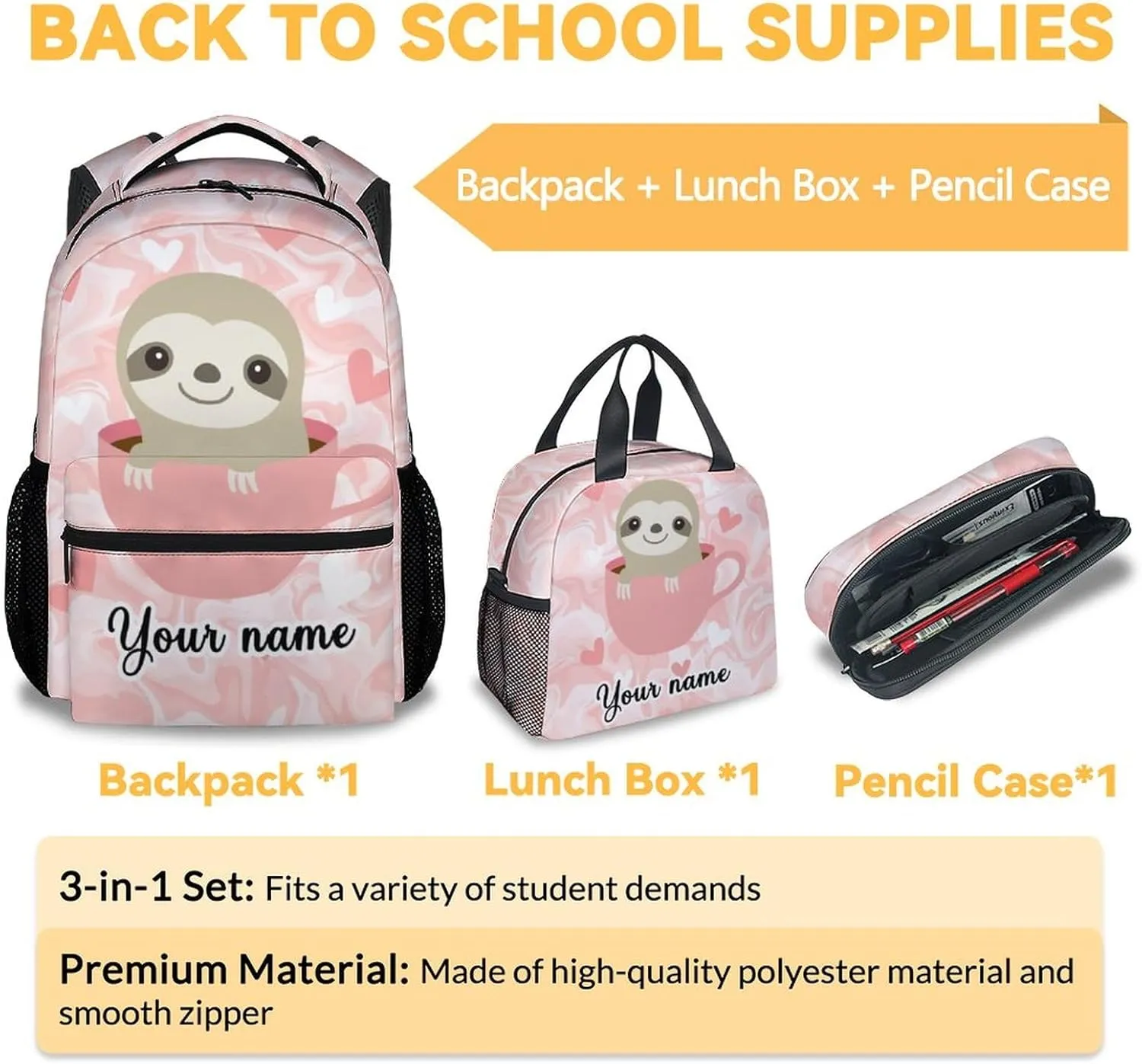 Personalized Sloth Backpack with Lunch Box, Set of 3 School Backpacks Matching Combo, Cute Pink Bookbag And Pencil Case Bundle
