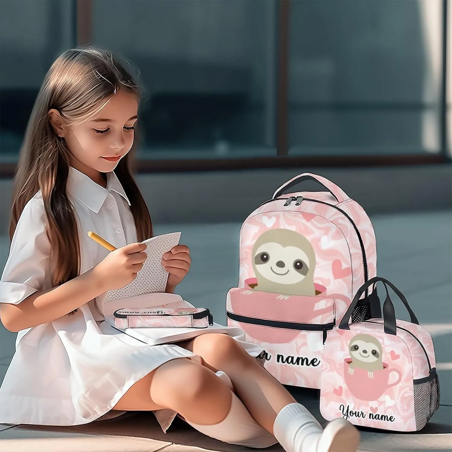 Personalized Sloth Backpack with Lunch Box, Set of 3 School Backpacks Matching Combo, Cute Pink Bookbag And Pencil Case Bundle