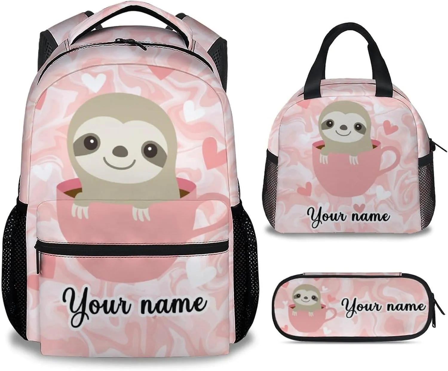 Personalized Sloth Backpack with Lunch Box, Set of 3 School Backpacks Matching Combo, Cute Pink Bookbag And Pencil Case Bundle