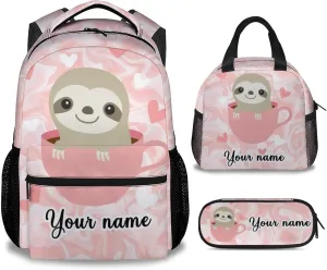 Personalized Sloth Backpack with Lunch Box, Set of 3 School Backpacks Matching Combo, Cute Pink Bookbag And Pencil Case Bundle