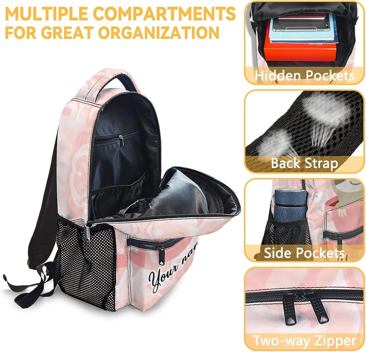 Personalized Sloth Backpack with Lunch Box, Set of 3 School Backpacks Matching Combo, Cute Pink Bookbag And Pencil Case Bundle