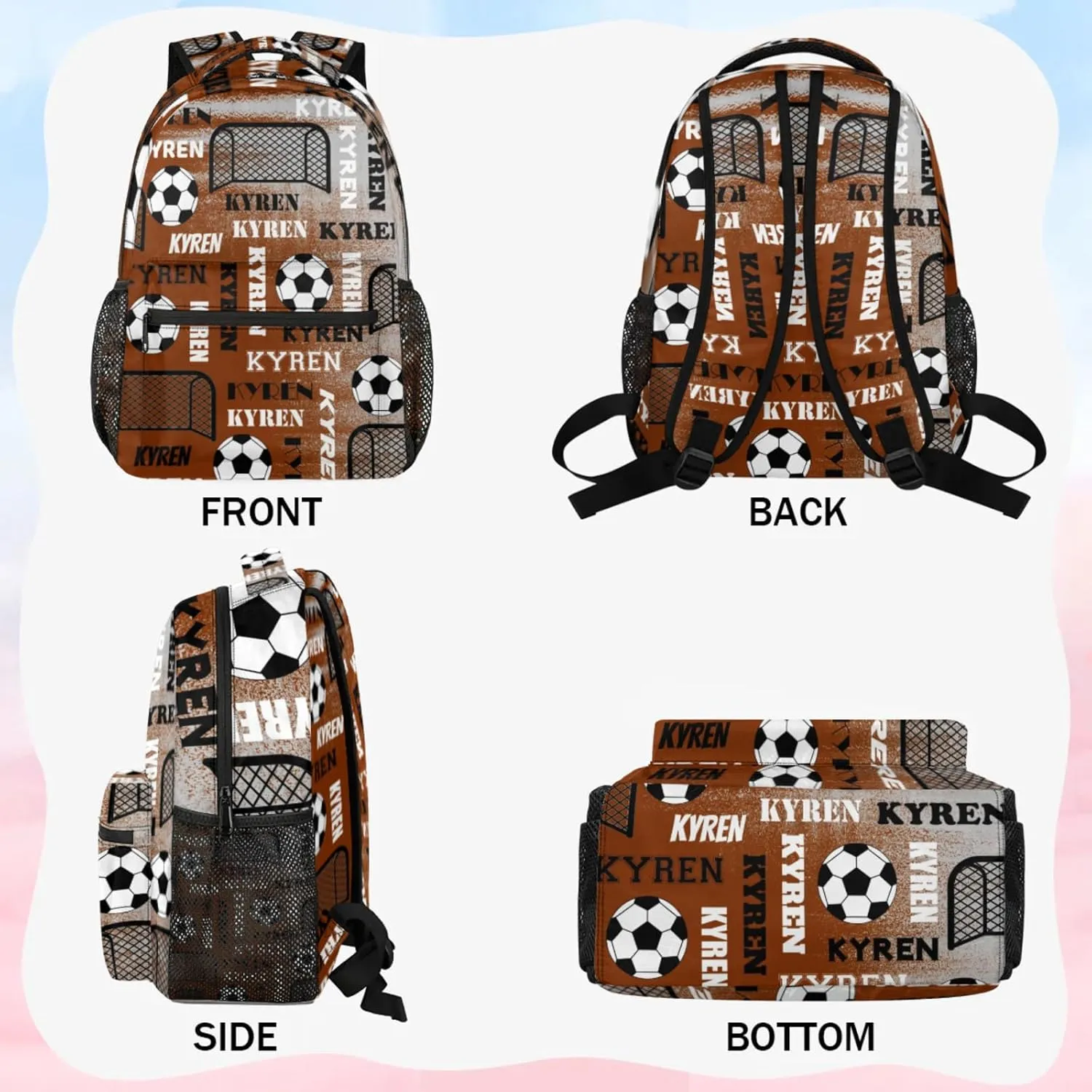 Personalized Soccer Backpack for Men Women, Custom Sports Bag Backpack with Name, Laptop Backpacks Daypack for Travel Camping, Brown Gray