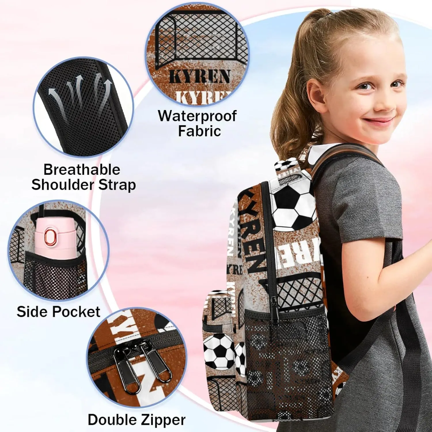 Personalized Soccer Backpack for Men Women, Custom Sports Bag Backpack with Name, Laptop Backpacks Daypack for Travel Camping, Brown Gray