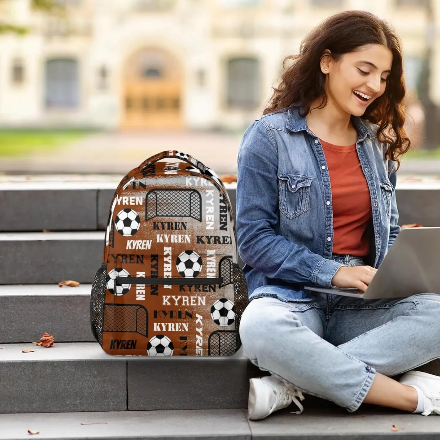 Personalized Soccer Backpack for Men Women, Custom Sports Bag Backpack with Name, Laptop Backpacks Daypack for Travel Camping, Brown Gray