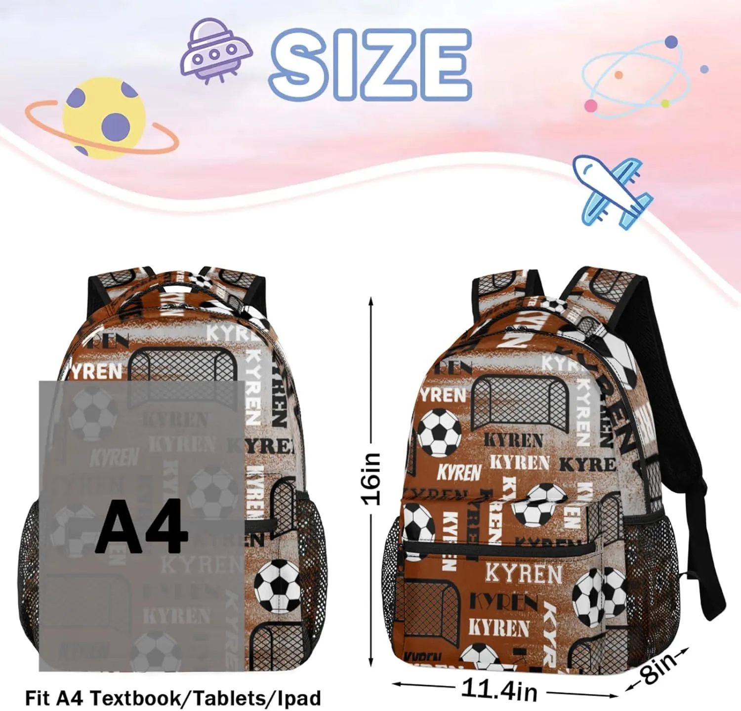 Personalized Soccer Backpack for Men Women, Custom Sports Bag Backpack with Name, Laptop Backpacks Daypack for Travel Camping, Brown Gray