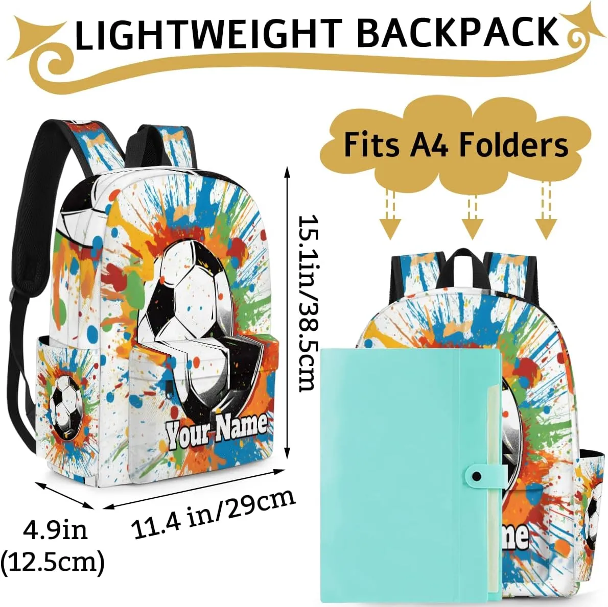Personalized Soccer Preschool Toddler Backpack for Boys Girls Custom Kids Name Small Bookbags Kindergarten Elementary Backpack, Colorful Soccer