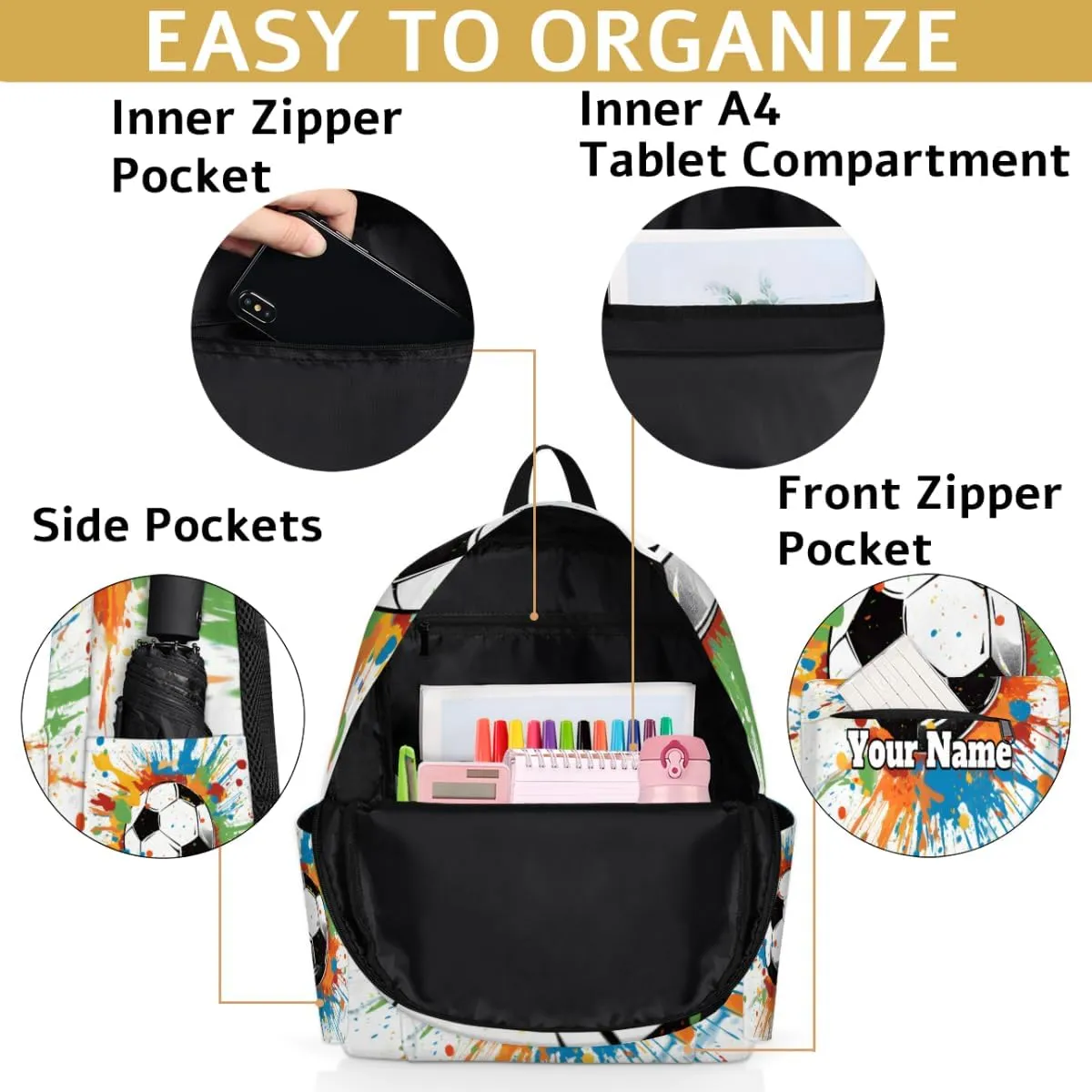 Personalized Soccer Preschool Toddler Backpack for Boys Girls Custom Kids Name Small Bookbags Kindergarten Elementary Backpack, Colorful Soccer
