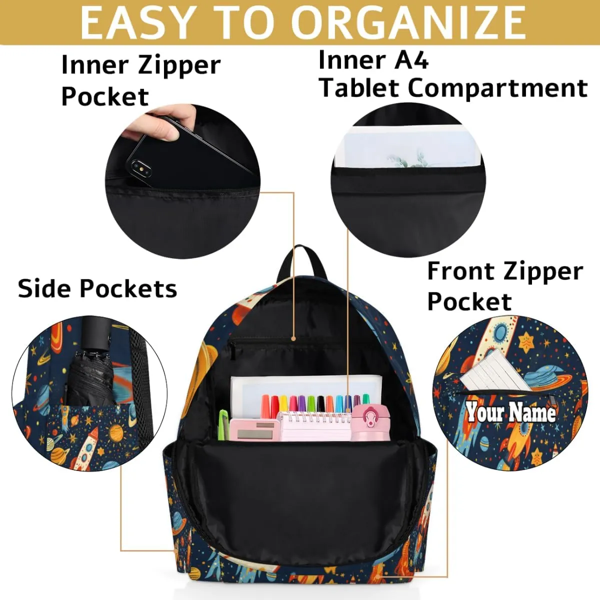 Personalized Space Rockets Planet Preschool Toddler Backpack for Boys Girls Custom Kids Name Small Bookbags Kindergarten Elementary Backpack, Solar System