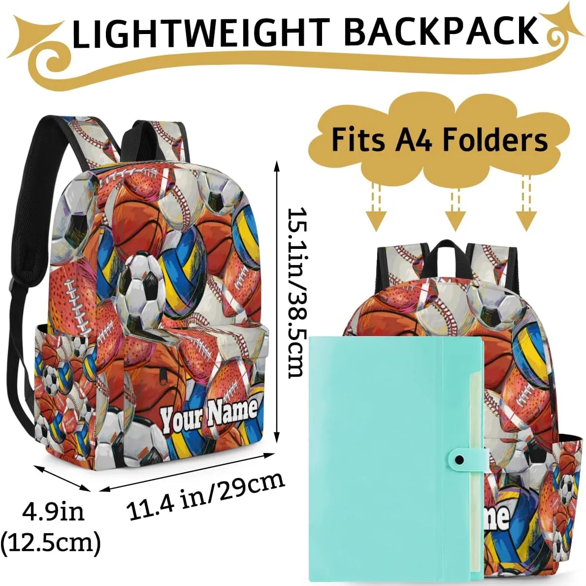 Personalized Sport Theme Preschool Toddler Backpack for Boys Girls Custom Kids Name Small Bookbags Kindergarten Elementary Backpack, Basketball Volleyball Football
