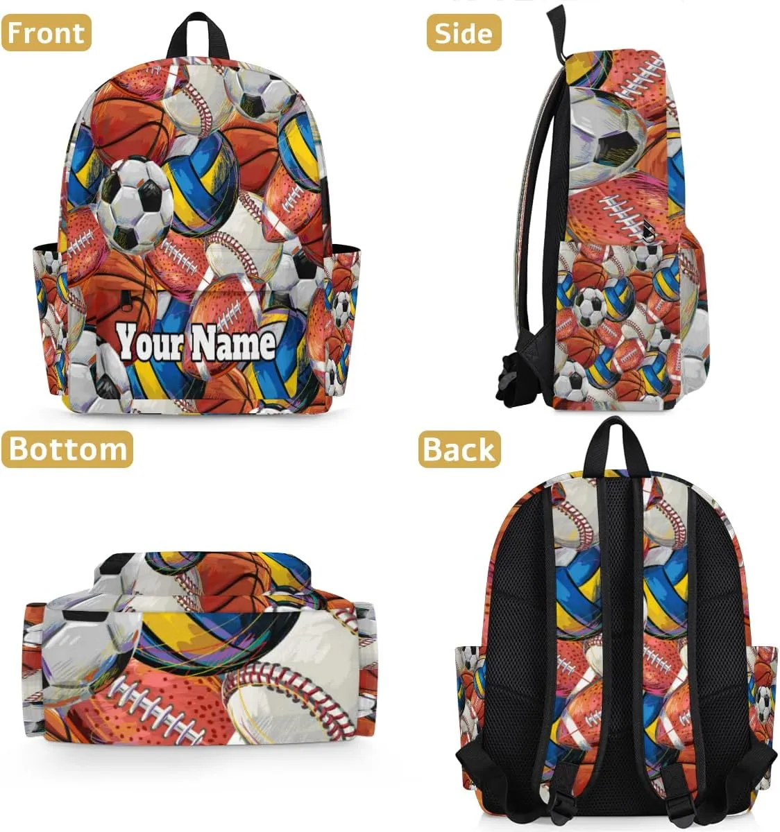 Personalized Sport Theme Preschool Toddler Backpack for Boys Girls Custom Kids Name Small Bookbags Kindergarten Elementary Backpack, Basketball Volleyball Football