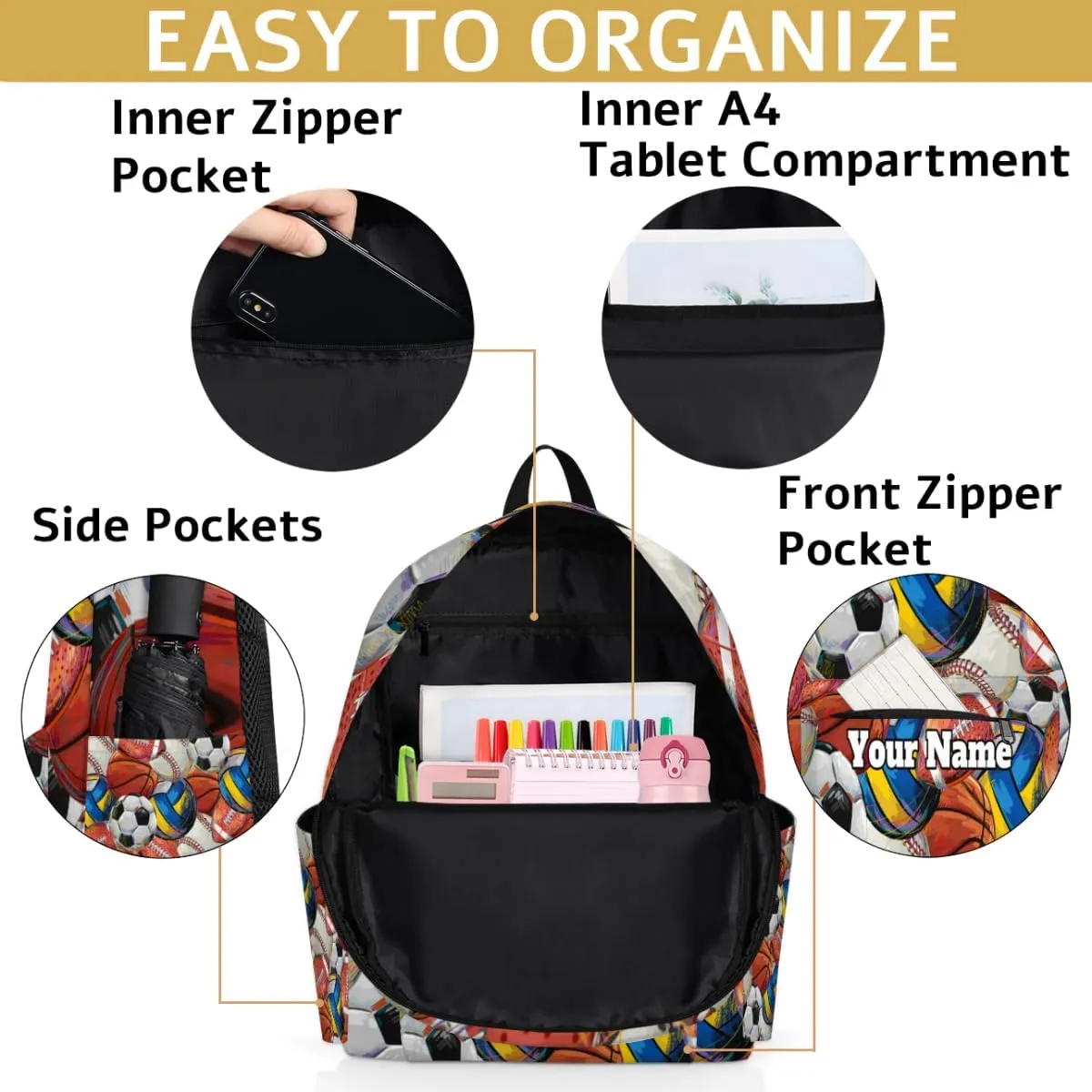 Personalized Sport Theme Preschool Toddler Backpack for Boys Girls Custom Kids Name Small Bookbags Kindergarten Elementary Backpack, Basketball Volleyball Football